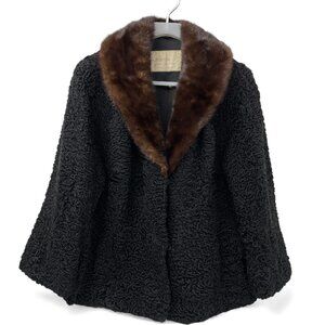 Azens Furs Persian Curly Lamb & Mink Fur Coat Women's Jacket Black Size XL